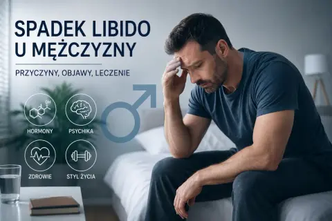 Mężczyzna zmartwiony spadkiem libido. Obraz przedstawia czynniki wpływające na popęd seksualny: hormony, psychikę, zdrowie i styl życia. Dowiedz się, jak sprawdzić poziom libido.