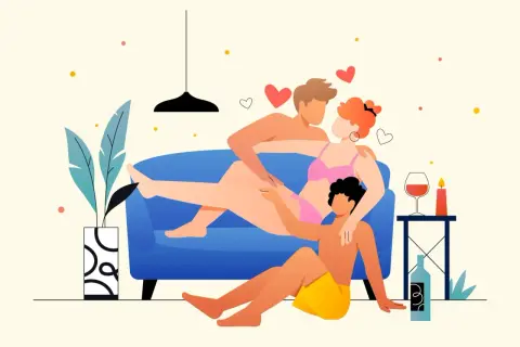 Trójka blisko siebie na kanapie, serduszka unoszą się w powietrzu. Wino i świeca sugerują romantyczny wieczór, idealny, by dowiedzieć się, jak się podniecić.