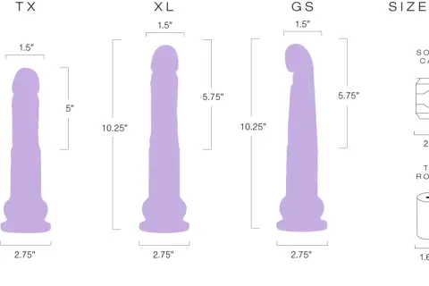 Porównanie rozmiarów: TX (23 cm), XL (26 cm) i GS (26 cm). Obok puszka napoju i rolka papieru toaletowego.