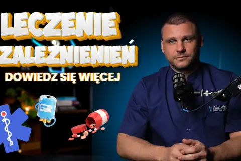 Leczenie uzależnień, w tym uzależnienia od pornografii. Mężczyzna w kitlu przed mikrofonem, ikony medyczne i tabletki.