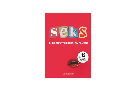 Okładka książki "Seks. 69 pikantnych pomysłów dla par" z grafiką ust i informacją o kuponach.