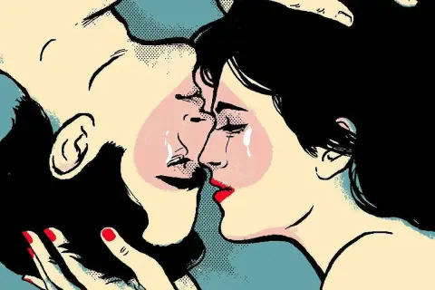 Dwie osoby w intymnym uścisku, łzy na policzkach. Obraz sugeruje głębokie emocje, być może związane z doświadczeniem, jakim jest sex dla kobiet.