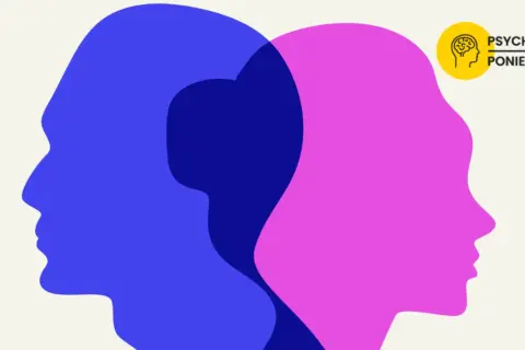 Dwie nakładające się sylwetki głów, niebieska i różowa, symbolizujące podwójne życie: mąż i kochanek. Obok logo "Psychologiczne Poniedziałki".